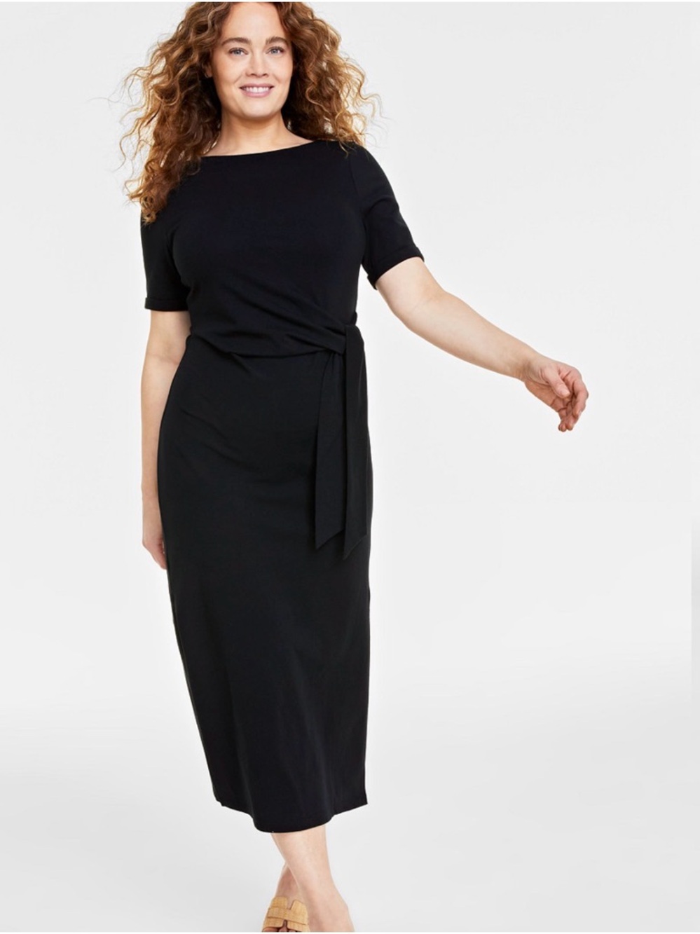 Classic Black Tie-Waist Midi Dress Steve Madden L NEW